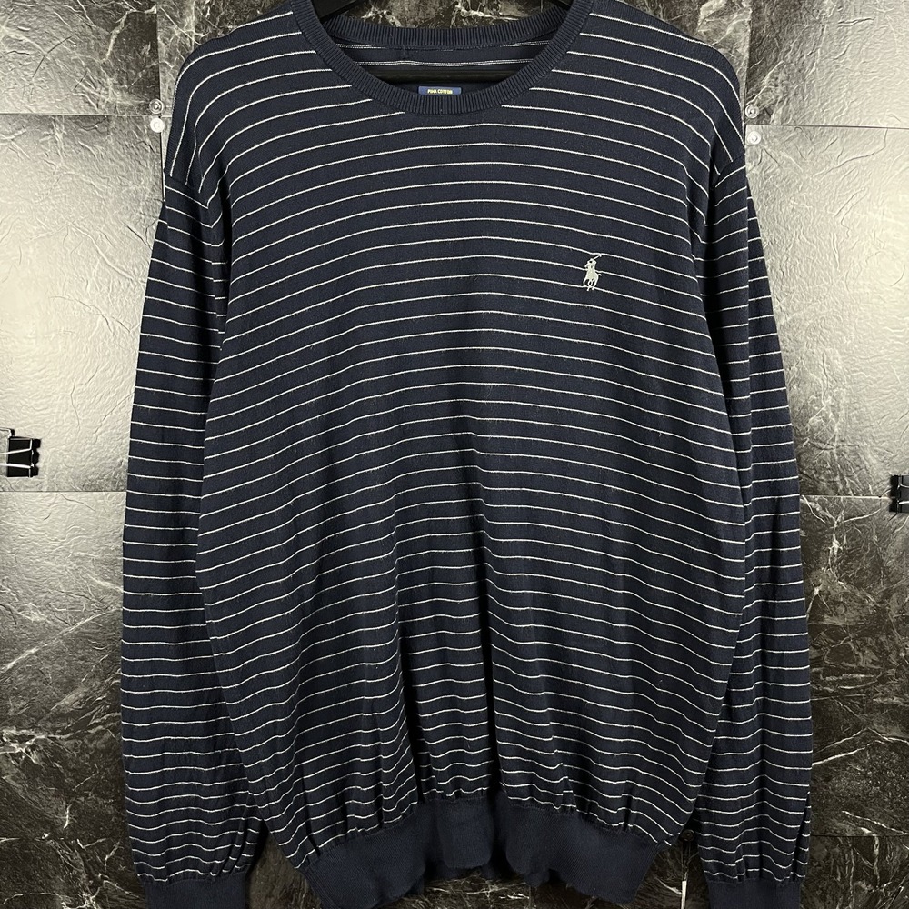 Polo Ralph Lauren Men's Blue Striped Pima Knit Sweater Fits Large